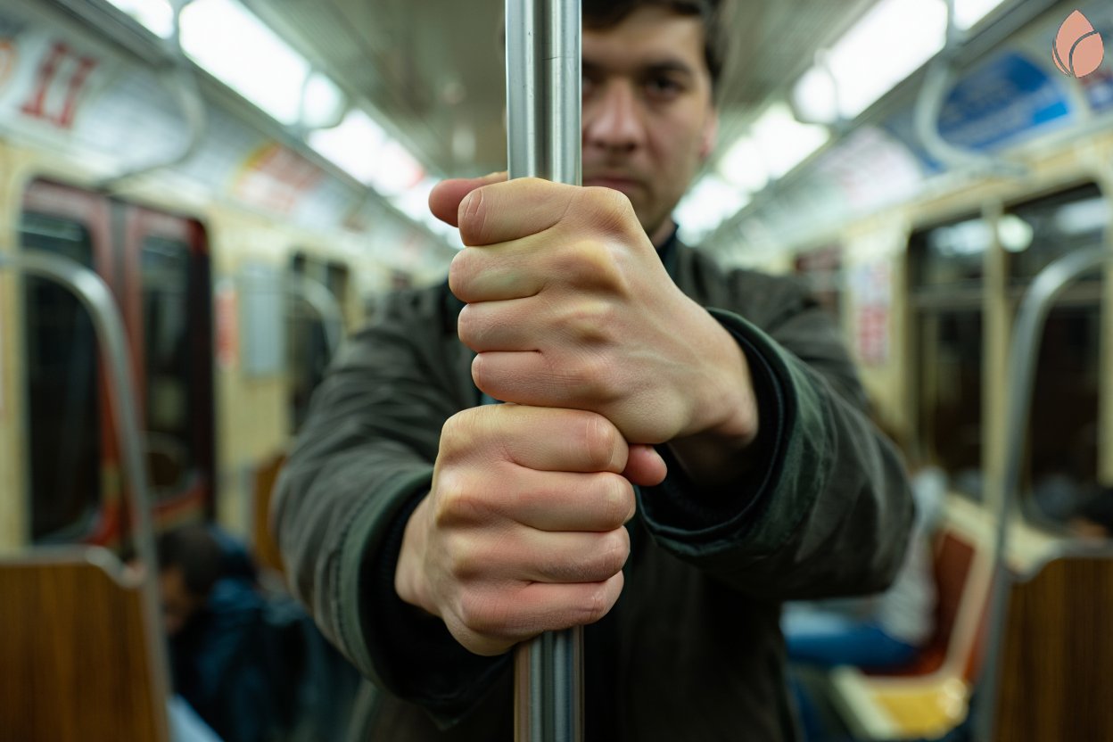 Мужчина испытывает симптомы панической атаки в общественном транспорте