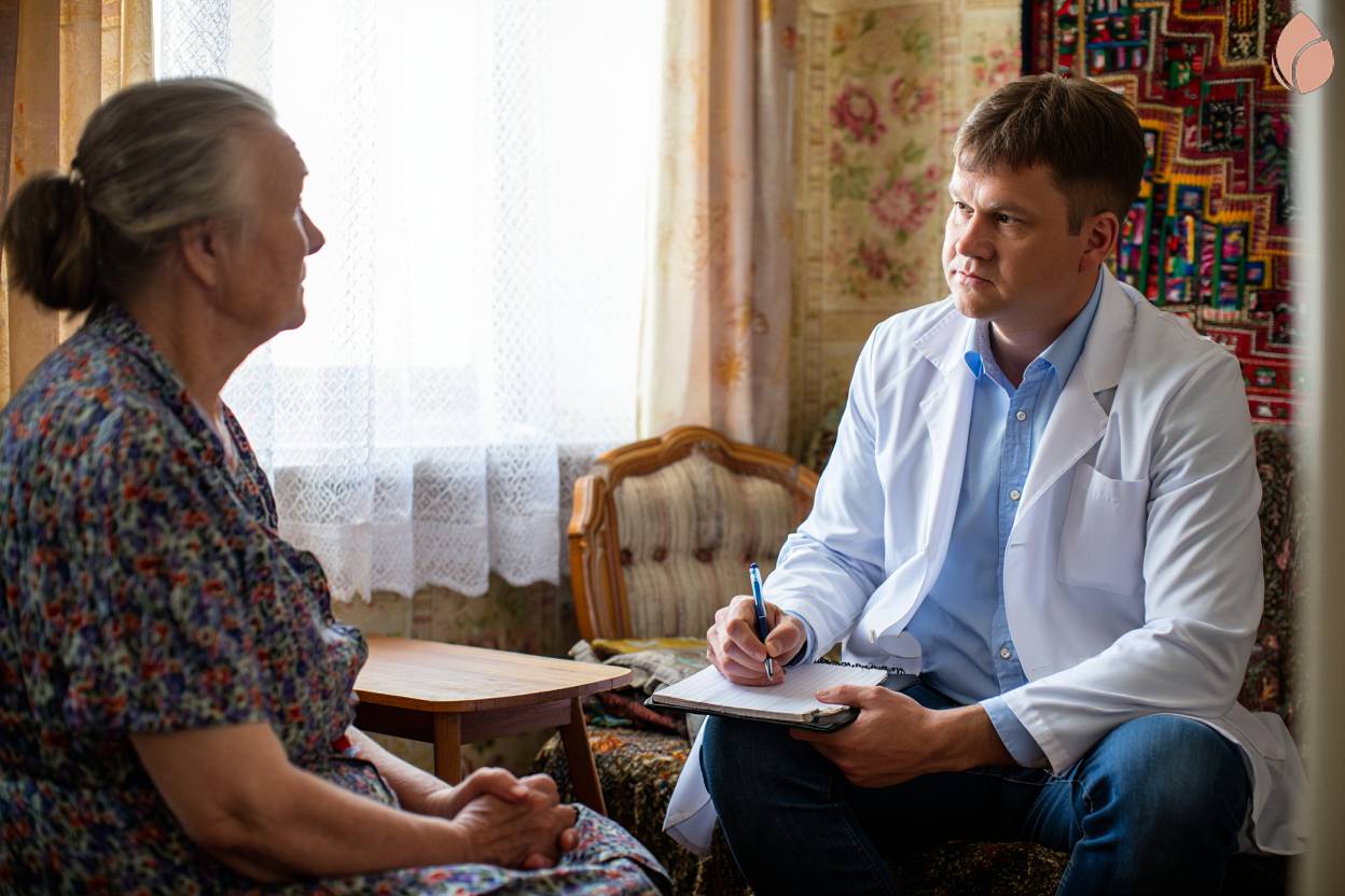 Психиатр консультирует пожилую пациентку на дому