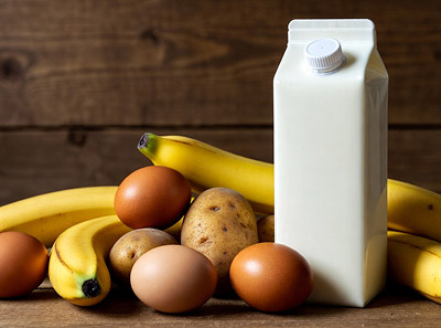 Натюрморт с продуктами: белая картонная упаковка молока, связка жёлтых бананов, коричневые куриные яйца и картофель.