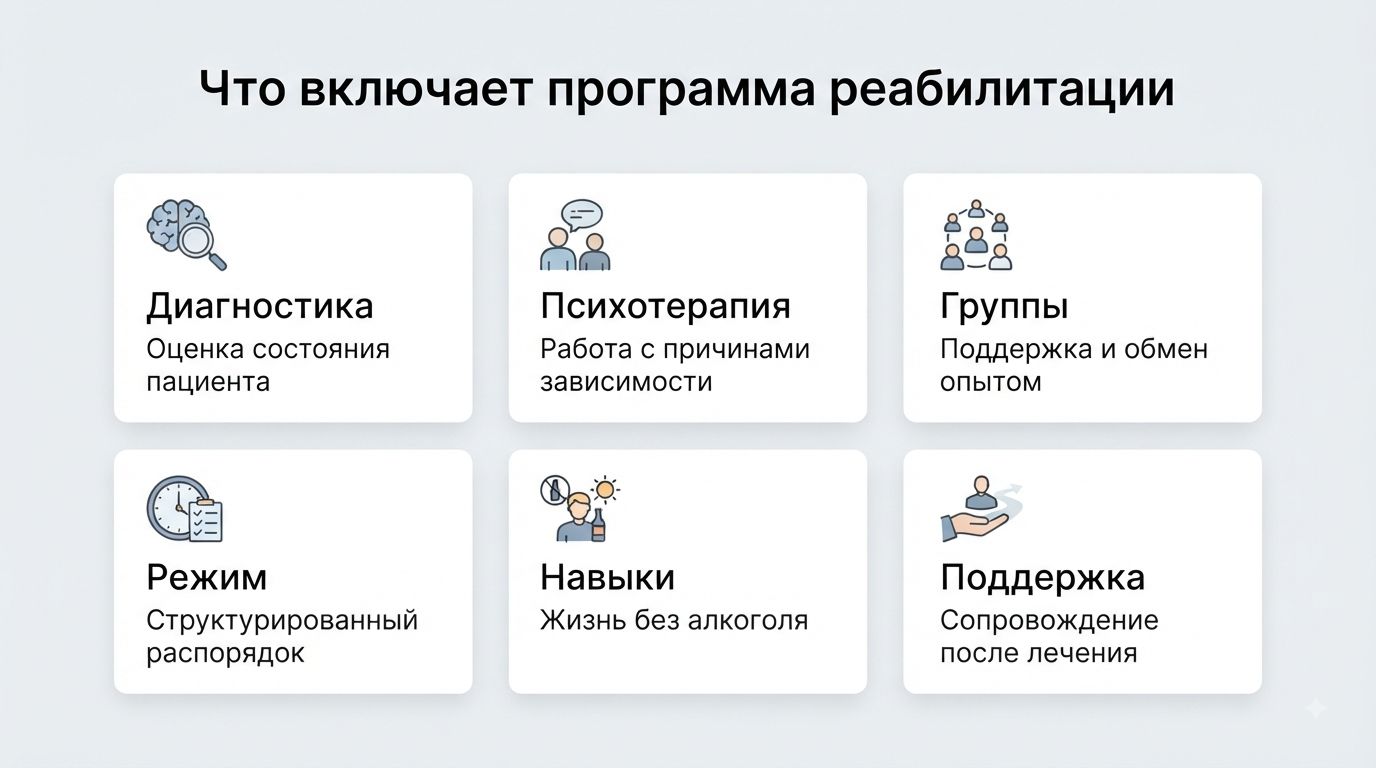 Инфографика: Что включает программа реабилитации в клинике Алко-Медцентр